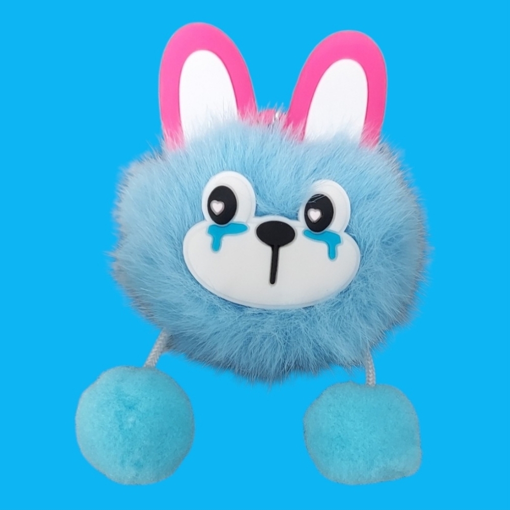 Bunny Rabbit Blue Keychain Pom Puff Plush Stuffed Animal 6"